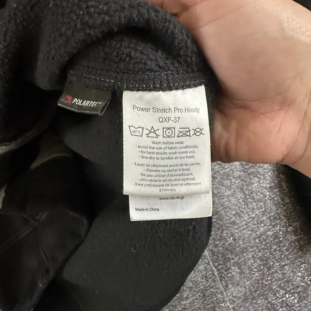 Men's RAB Black Gray Full Zip Up Power Stretch Pro Hoody Hooded Coat Jacket Sz L